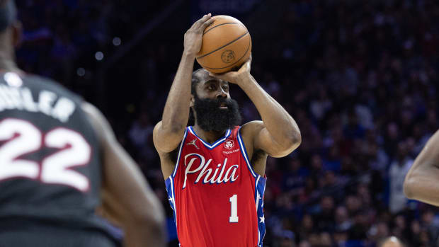 May 8, 2022; Philadelphia, Pennsylvania, USA; Philadelphia 76ers guard James Harden (1) shoots the ball against the Miami Heat during the fourth quarter in game four of the second round for the 2022 NBA playoffs at Wells Fargo Center.