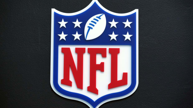 Feb 14, 2022; Los Angeles, CA, USA; The NFL shield logo is seen at the Los Angeles Convention Center. Mandatory Credit: Kirby Lee-USA TODAY Sports