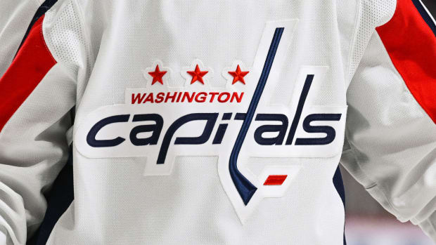 Feb 10, 2022; Montreal, Quebec, CAN; A view of the Washington Capitals logo worn by a member of the team during the second period at Bell Centre. Mandatory Credit: David Kirouac-USA TODAY Sports