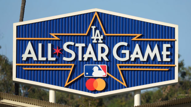 The 2022 MLB All-Star Game logo at Dodger Stadium.
