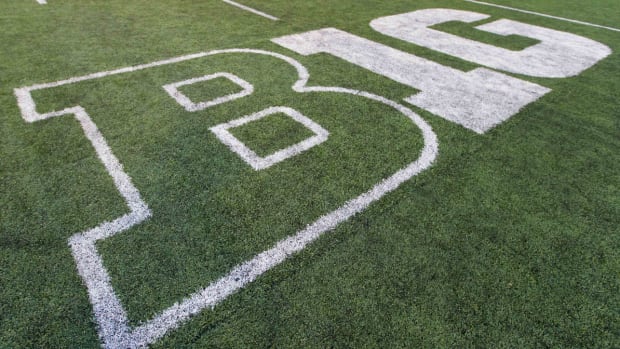 The Big Ten logo on the field at Camp Randall Stadium.