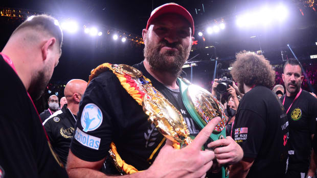 Oct 9, 2021; Las Vegas, Nevada, USA; Tyson Fury celebrates after knocking out Deontay Wilder (not pictured) during their WBC/Lineal heavyweight championship boxing match at T-Mobile Arena.