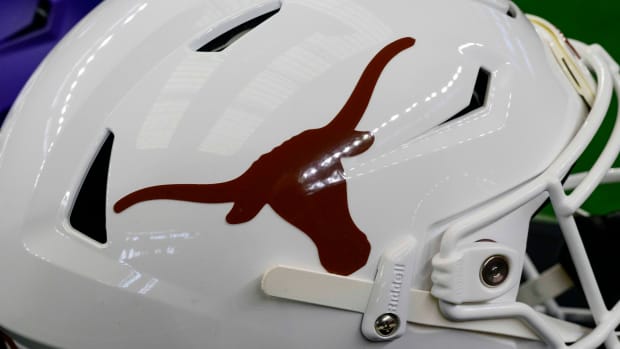 Jul 14, 2022; Arlington, TX, USA; A view of the Texas Longhorns helmet logo during the Big 12 Media Day at AT&T Stadium.