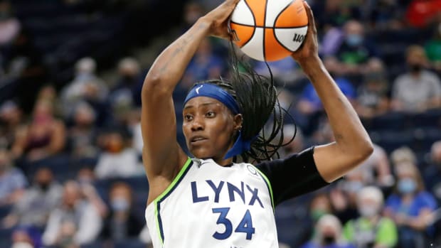 FILE - Minnesota Lynx center Sylvia Fowles rebounds during the fourth quarter of the team’s WNBA basketball game against the Los Angeles Sparks on Thursday, Sept. 2, 2021, in Minneapolis. One of the league’s greatest centers is ready to move on to another career in mortuary science, no longer possessing the energy to stay in basketball shape. (AP Photo/Andy Clayton-King, File)