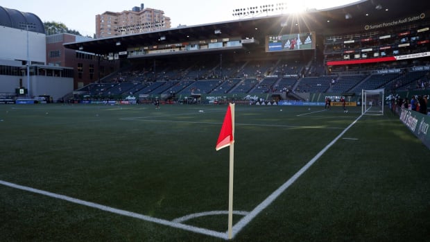 The red corner flag at Providence Park, home of the Portland Timbers and Portland Thorns