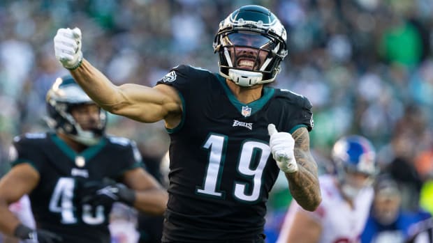 Eagles wide receiver J.J. Arcega-Whiteside (19) reacts after a tackle during the fourth quarter of a game against the Giants.