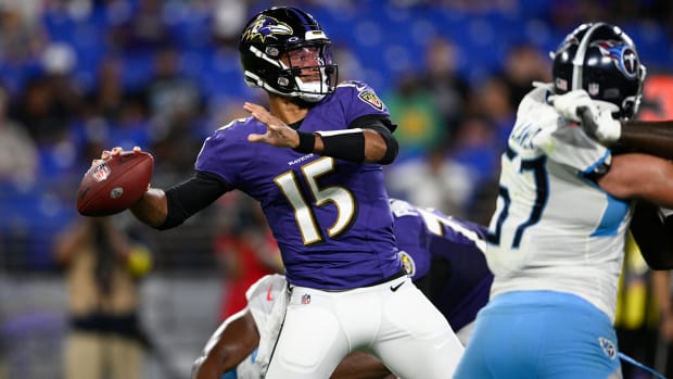 Ravens quarterback Brett Hundley throws a pass against the Titans during the second half of a preseason game.