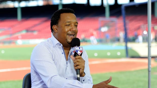Jun 23, 2017; Boston, MA, USA; Boston Red Sox former pitcher Pedro Martinez talks on the MLB Network prior to a game against the Los Angeles Angels at Fenway Park.