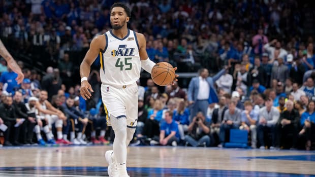 Utah Jazz guard Donovan Mitchell (45) in action during the game between the Dallas Mavericks and the Utah Jazz in game five of the first round for the 2022 NBA playoffs at American Airlines Center.