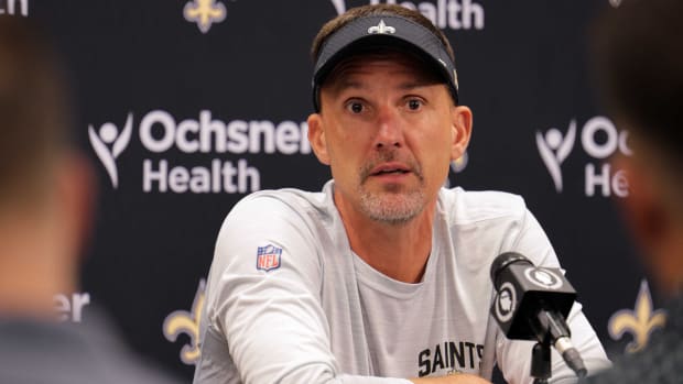 Saints head coach Dennis Allen speaks to reporters during a training camp press conference.